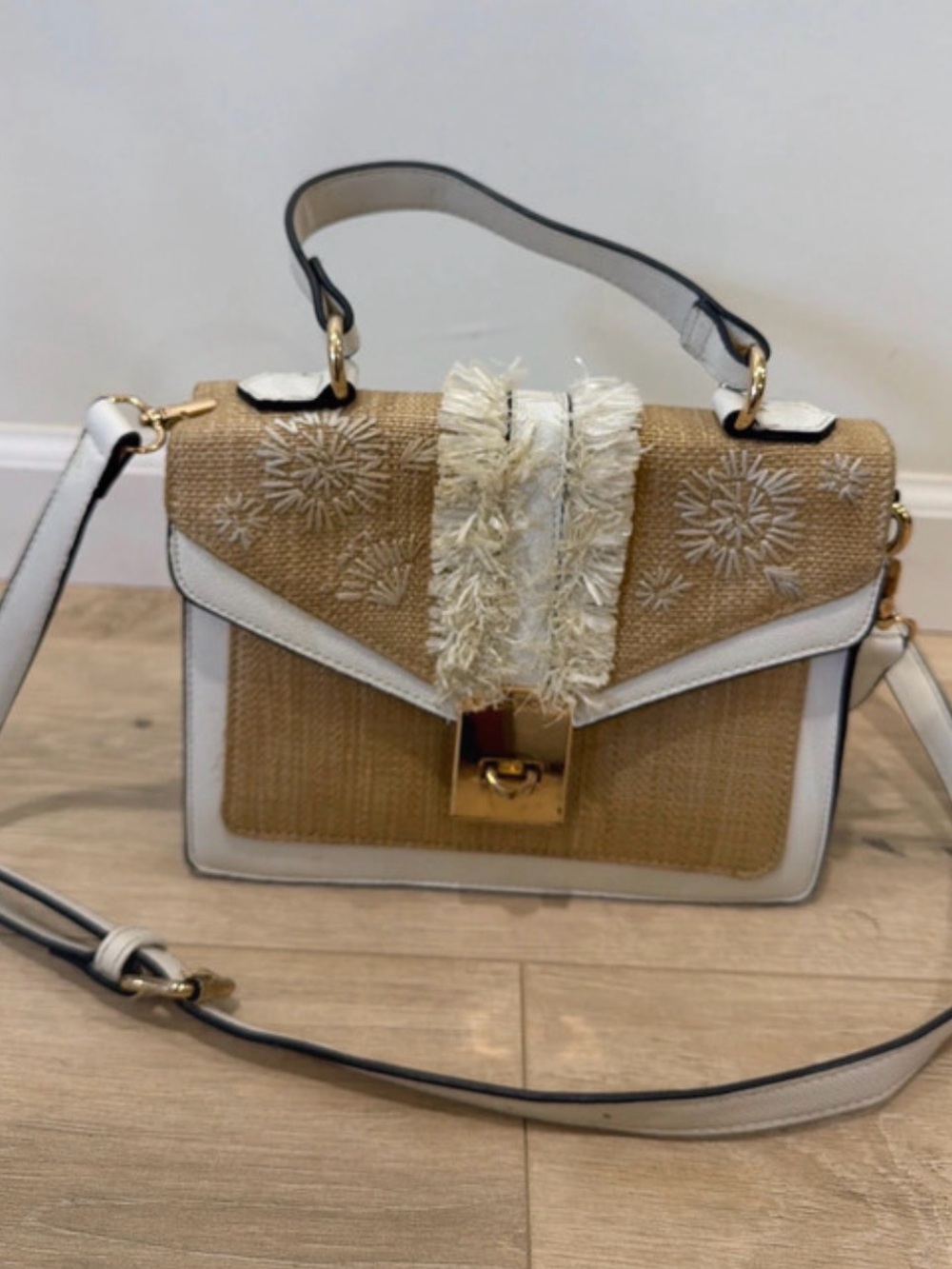 Aldo Natural Straw Hobo with White Trim and Gold Hardware